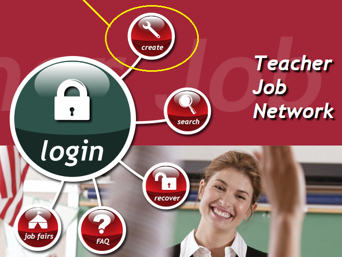 An image highlighting the Create button that you click on to start a Create a Teacher Job Network Account.