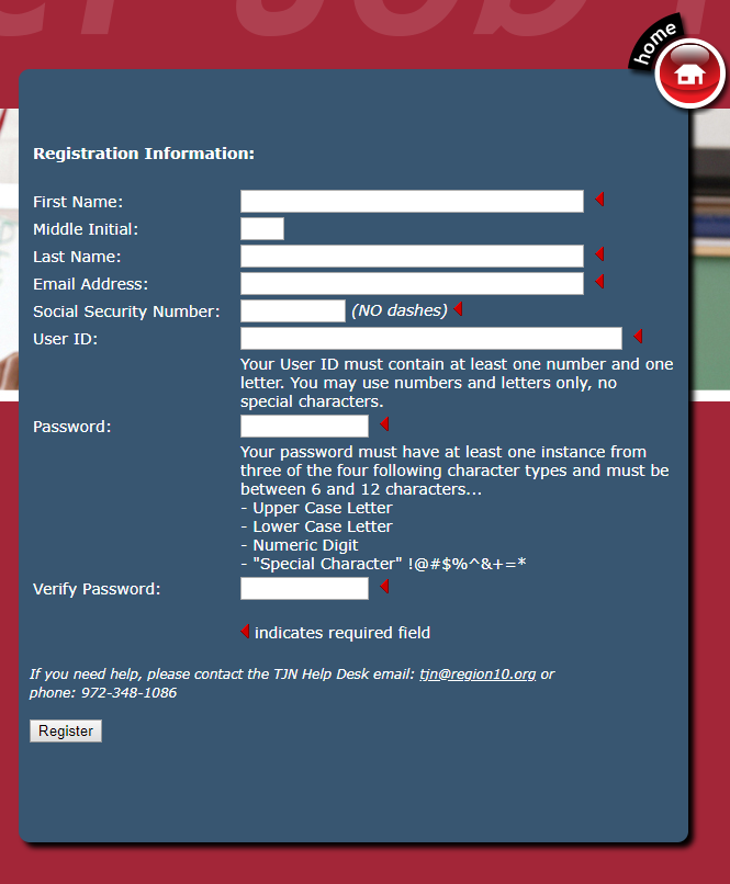 An image highlighting the Teacher Job Network Registration Information window.